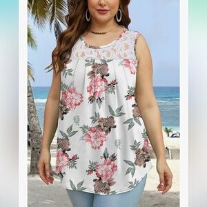 Floral Lace Trim Sleeveless Top Blouse Casual Summer Tank Top XXL